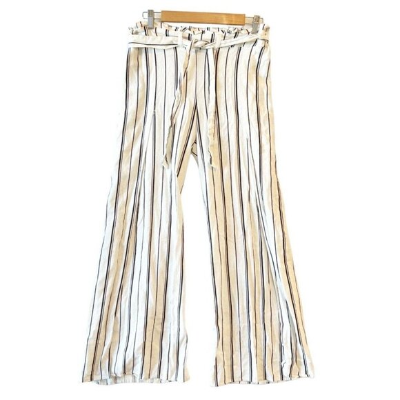 Sincerely Jules Womens M Linen Pants Paperbag Stripe Black White Open High Slits - Picture 1 of 8